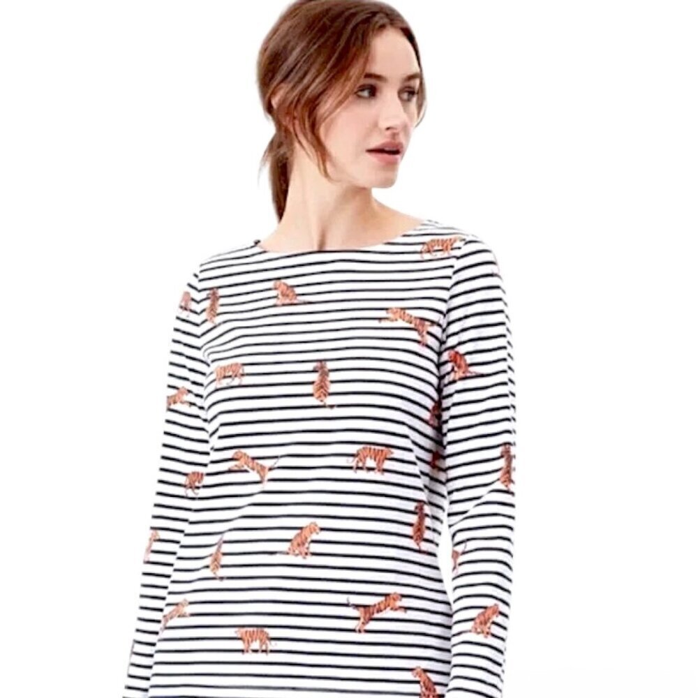 Women’s Joules Harbour Print Tiger Stripe Shirt White Navy Stipes Orange Size 4